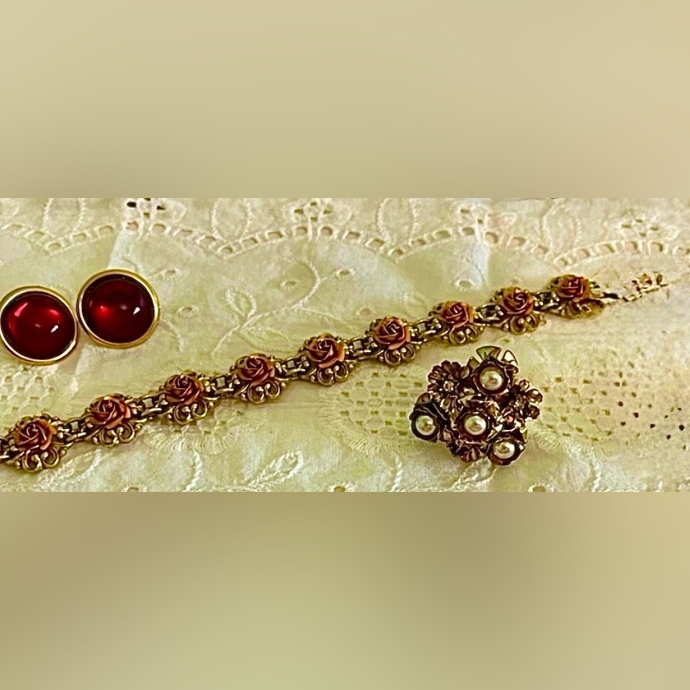3 Piece Gold Bracelet with Coral Rose Accents, flower ring and red earrings
